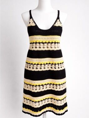 GANNI Striped Crochet Mini Dress Embroidered Logo Festival Y2K Boho Cotton XS